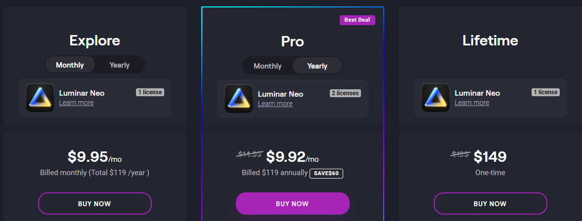 Best Photo Editing Apps - Luminar Neo Pricing